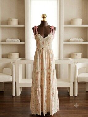 J.NNA Med Rose Stripe Smocked Maxi Dress Cottagecore Romantic